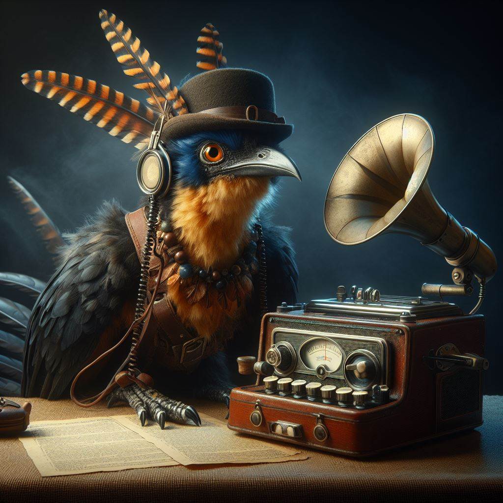 Fake photograph of an anthropomorphic bird playing recordings from a retro dictaphone